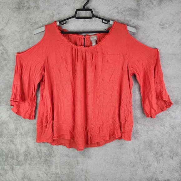 Women's Orange Chico's Blouse Top Cold Shoulder 3/4 Sleeve Round Neck Size 3 - Picture 2 of 12